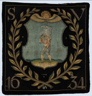 Blazon of black cloth with application depicting bag carrier, blazon coat of arms information form wool cotton linen burlap