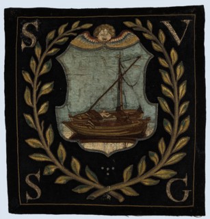 Blazon of black cloth with application depicting two boats, blazon coat of arms information form wool cotton linen jute? silk