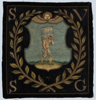 Blazon of black cloth with application and (gold) embroidery, cherub head above shield with pocket carrier to the right, laurel