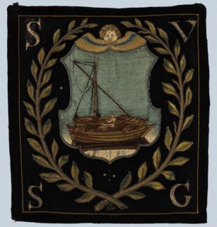 Blazon of black cloth with application depicting two boats, blazon coat of arms information form wool cotton linen burlap? silk
