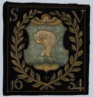 Blazon of black cloth with application depicting bag carrier, blazon coat of arms information form wool cotton linen jute? silk