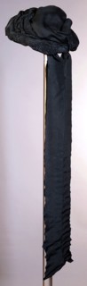 Round, black ladies hat, ending in two ribbons, hat headdress mourning dress women's clothing silk, to textile with brand
