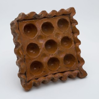 Square chicken drinking trough or chick stone, delineated by wavy rim, trough holder ceramic earthenware glaze lead glaze
