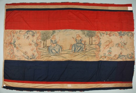 Red-white-blue flag, painted white center with personifications of Faith and Hope, flag information sheet sheep wool wool cotton