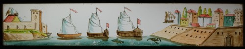 Hand-painted double glass lantern plate in wooden frame, with ships at port city, slide slide slideshoot images glass wood, Hand