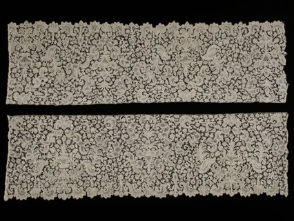 Two strips of bobbin lace, lace needlework linen, textile, Two strips of bobbin lace with serrated leaf motifs