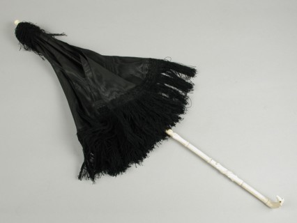 Small carriage parasol with black silk cover, moire, trimmed with frills, ivory handle, carriage umbrella parasol clothing