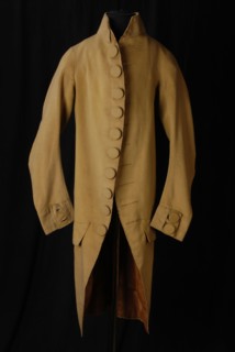 Gown of greenish yellow cloth, with linen lining, pajama skirt coat jacket dress suit outerwear men's clothing wool linen metal