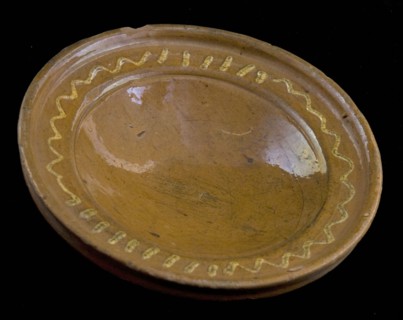 Red earthenware plate or dish with white mud decoration along the edge, stand ring, plate dish crockery holder soil find ceramic