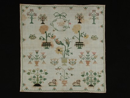 Sampler worked in cross stitch in colored silk on cream cotton with linen effect, marked MUB 1797, merklap embroidery needlework