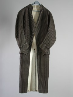 Men's suit, consisting of jacket and shorts of striped black-brown velvet and lilac silk, skirt coat jacket shorts trousers suit