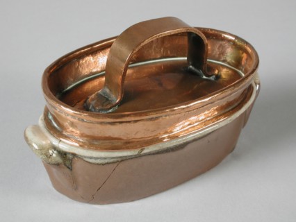 metal worker: Gresnich, Miniature hare pan of brown glazed stoneware with lid of red copper, hare pan pan holder kitchenware