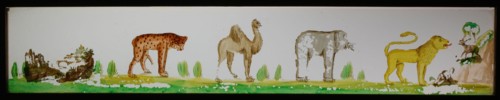 Hand-painted glass lantern plate in wooden frame, with wild animals, slide slide slideshoot images glass wood, Hand-painted