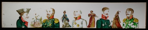 Hand-painted glass lantern plate in wooden frame, with five portraits of men in uniform, slide slide diapositive footage glass