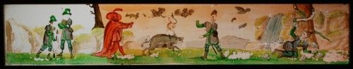 Hand-painted glass lantern plate in wooden frame, with two men's story, slide slide slideshoot images glass wood, Hand-painted