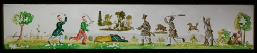 Hand-painted glass lantern plate in wooden frame, with combat Western and Oriental soldiers, slide plate slideshoot images glass