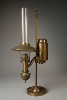 Table lamp, study lamp on high column with supporting eye, desk lamp lamp illuminant brass glass iron metal, Table lamp or desk