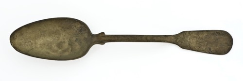 Copper spoon with oval bowl and flat, slightly curved handle with spatula-shaped end, spoon cutlery soil find copper metal