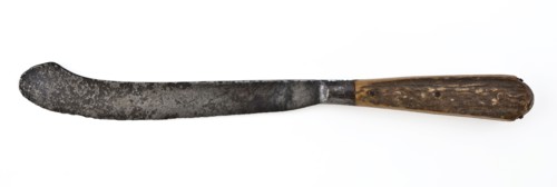 Knife with bent, spatula-shaped blade and legs, knife cutlery soil find iron? bone metal, archeology