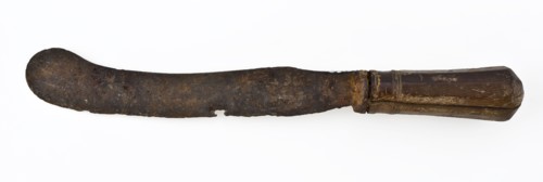 Knife with curved blade and rounded end, with versatile wooden handle, knife cutlery soil find iron wood metal, archeology
