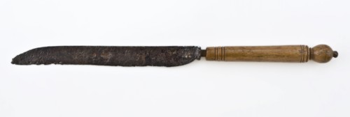 Knife with narrow elongated blade and profiled wooden handle with round cross-section, knife cutlery soil find wood tin? steel