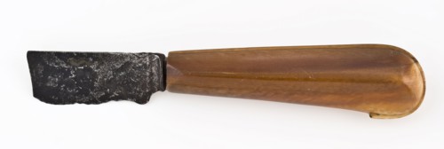 Knife with fairly wide blade and ivory handle with oval cross-section, has knife cutlery soil find ivory iron? metal, archeology