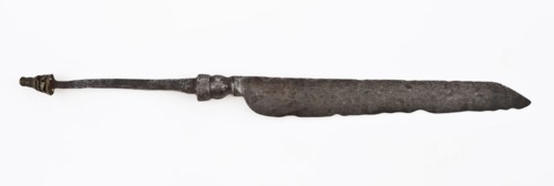Blade of knife with profiled transition to sting, with knob at end, blade knife cutlery soil find tin? copper metal, archeology