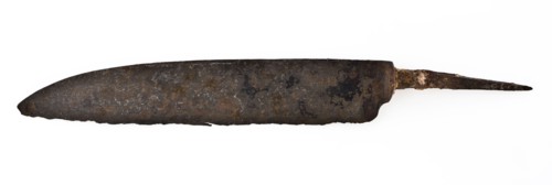 Wide, pointed blade of knife, with narrowed sting, blade knife cutlery soil find iron metal, archeology