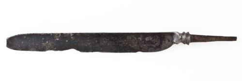 Oblong, narrow blade with narrowed sting, blade knife cutlery soil find iron? metal, archeology food