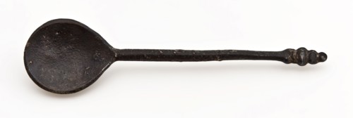 Cornelis van Houten?, Pewter spoon with fig-shaped bowl, stem with round cross section and knob-shaped end, small size, spoon