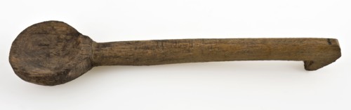 Small wooden spoon with hook at end of stem, spoon cutlery soil find wood, archeology