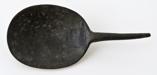 Spoon with shallow oval bowl and thin round stem, spoon cutlery soil find copper metal, Copper spoon with short handle. Oval