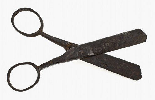 Small hinge scissors with oval eyes, scissor cutting tool soil finds iron metal, Marked on the inside with, F-shape archeology