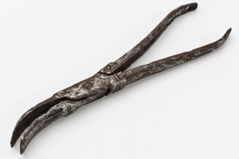 Pliers with curved flat jaws, pliers tools equipment foundations iron metal, forged On the legs decorated with two embossed
