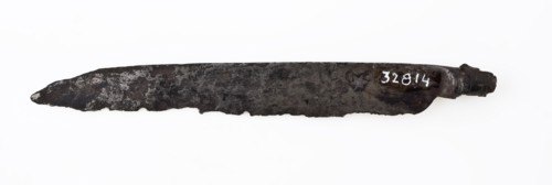 Blade of knife, narrow with pointed end, blade knife cutlery soil find steel? metal, archeology