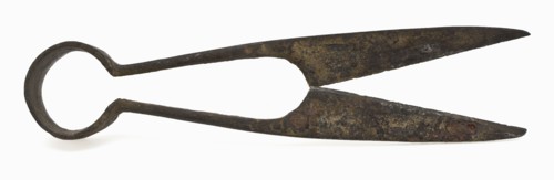 Pinch cutter with two pointed blades and round eye, pinch cutter scissor cutting tool soil find iron metal, archeology cut