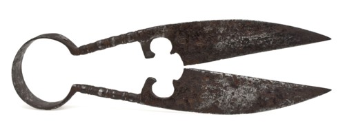 Pinch cutter with two broad, pointed blades and oval eye, pinch cutter scissor cutting tool soil find iron metal, Iron squeeze