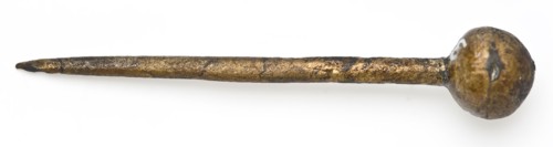 Bronze pen with round head, probably closing pin of book fitting, pin fitting ground find bronze copper metal, cast drawn