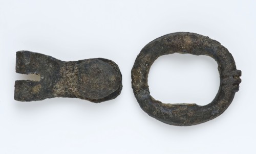 Buckle with oval ring and loose fittings with riveted nail, clasp fastener component soil find copper metal, pushed together