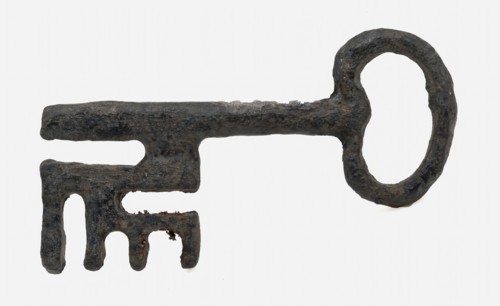 Key with oval handle and big beard, key iron commodity founding iron metal, forged sawn archeology Rotterdam City Triangle Meent