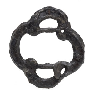 Four-sided buckle with two posts, ornamental buckle or batter, buckle fastener component soil find tin metal, cast archeology