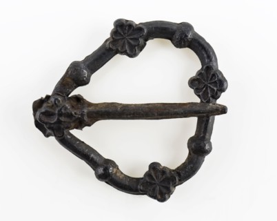 Three-sided pewter clasp with full length angel, bracket with three rosettes, buckle fastener component soil find tin metal