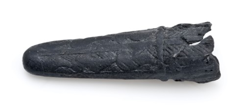 Point of knife edge or quiver with linear decoration, leather fitting, sheath casing batter ground find tin metal, cast Leather