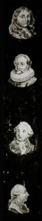 Hand-painted lamppost with four portraits of celebrities and or noble persons, slide plate slideshope images glass paper
