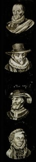 Hand-painted lamppost with four portraits of celebrities and or noble people, slide plate slideshope images glass paper textiles