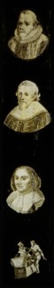 Hand-painted lamppost with four portraits of celebrities and or noble persons, slide plate slideshope images glass paper
