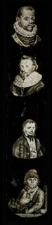 Hand-painted lamppost with four portraits of celebrities and or noble persons, slide plate slideshope images glass paper