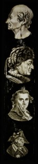Hand-painted lamppost with four portraits of celebrities and or noble persons, slideshelf slideshare images glass paper textiles