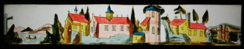 Hand-painted lantern plate in tin mount, image of monastery complex, slide plate slideshope images glass paper tin, Hand-painted