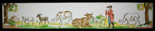 Hand-painted lantern plate in tin mount, image of man with cattle, slide plate slideshope images glass paper tin, Hand-painted